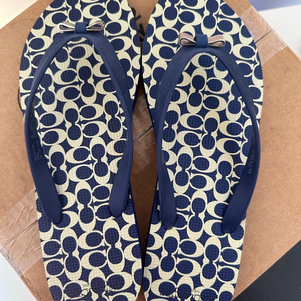 Coach Blue and Cream Patterned Flip Flops - Picture 2 of 5